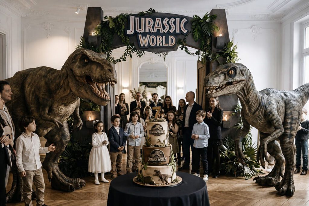 Fête anniversaire thématique Jurassic World avec animatronics T-Rex et Raptor pour enfants à Paris hôtel de luxe gâteau dinosaure