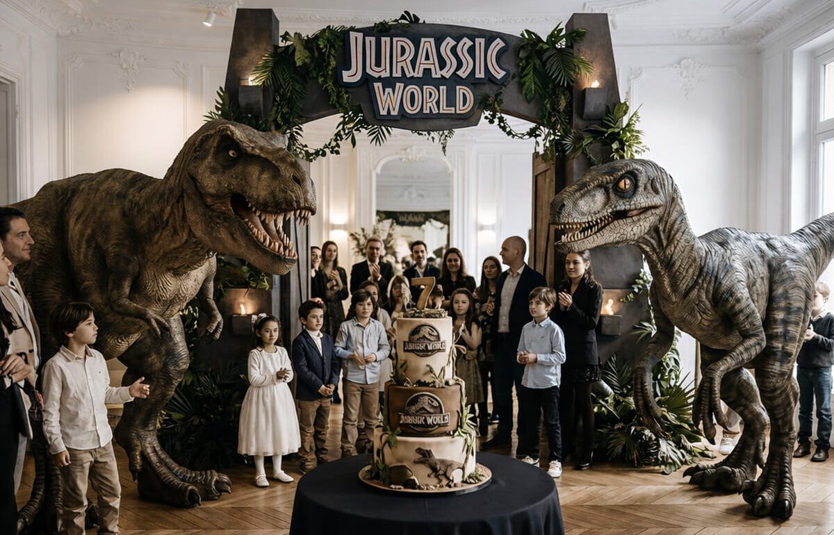Fête anniversaire thématique Jurassic World avec animatronics T-Rex et Raptor pour enfants à Paris hôtel de luxe gâteau dinosaure