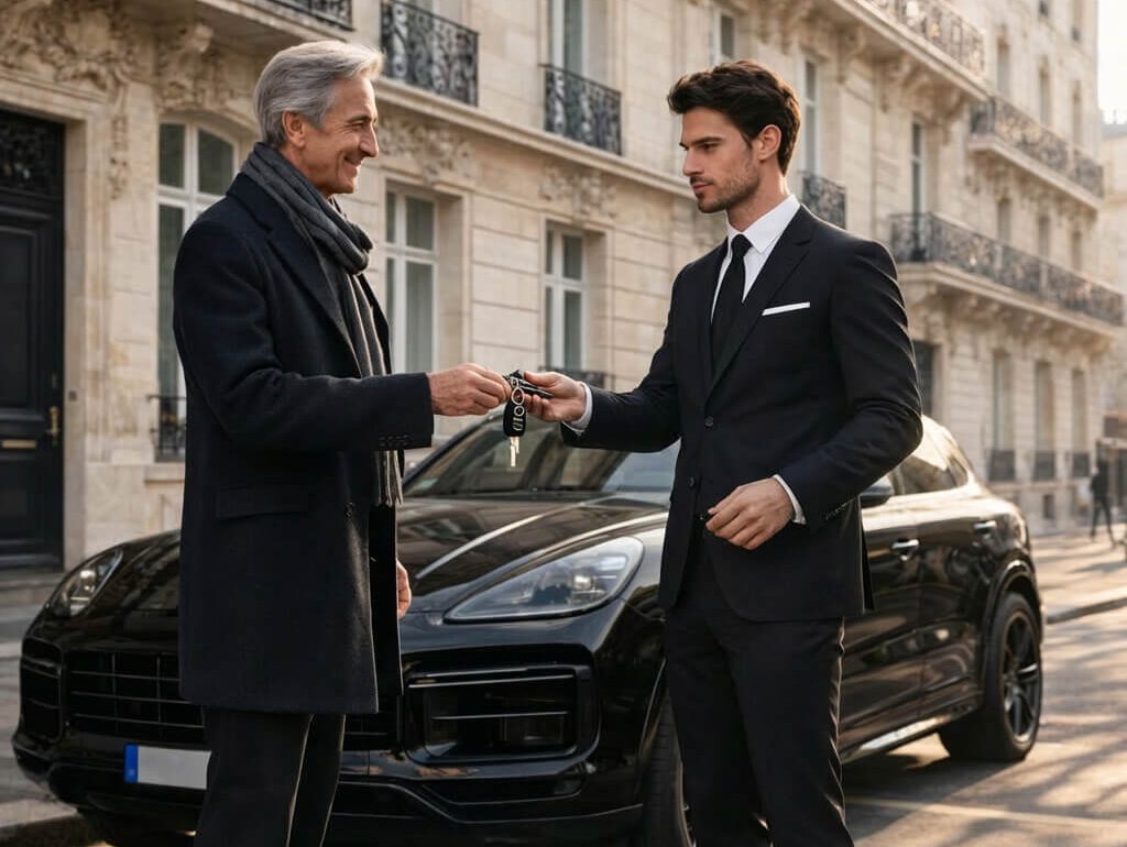 Concierge en costume remet clés Porsche Cayenne entretenue à client devant immeuble haussmannien Paris avant départ voyage