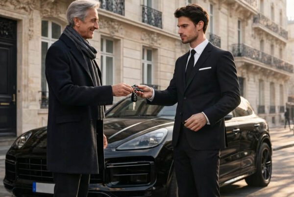 Concierge en costume remet clés Porsche Cayenne entretenue à client devant immeuble haussmannien Paris avant départ voyage