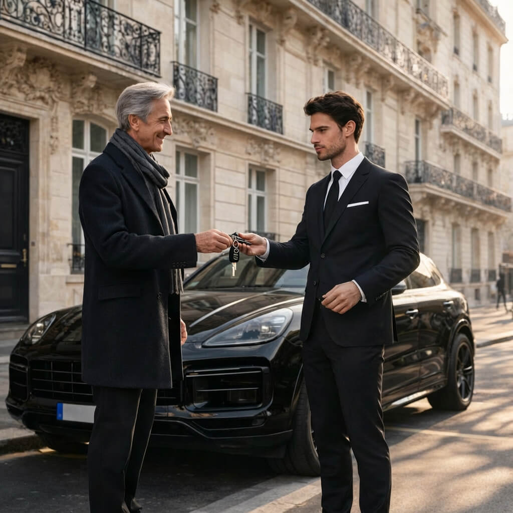 Concierge en costume remet clés Porsche Cayenne entretenue à client devant immeuble haussmannien Paris avant départ voyage