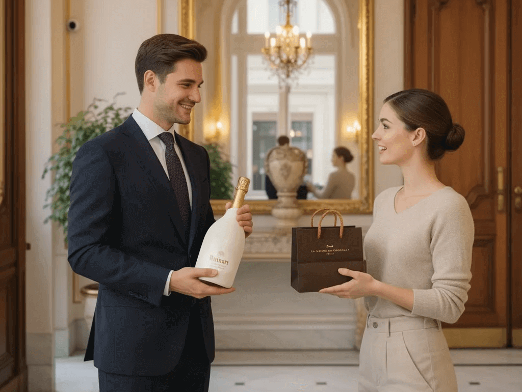 Concierge costume offre champagne Moët et cadeau étrennes à cliente élégante entrée palace haussmannien Paris