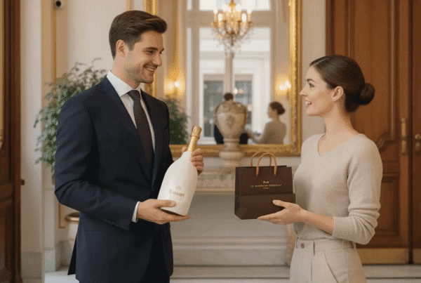 Concierge costume offre champagne Moët et cadeau étrennes à cliente élégante entrée palace haussmannien Paris
