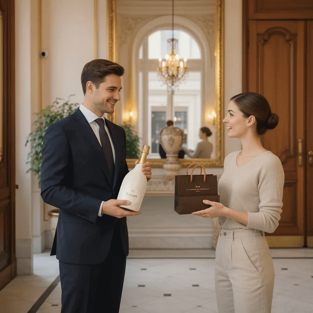 Concierge costume offre champagne Moët et cadeau étrennes à cliente élégante entrée palace haussmannien Paris