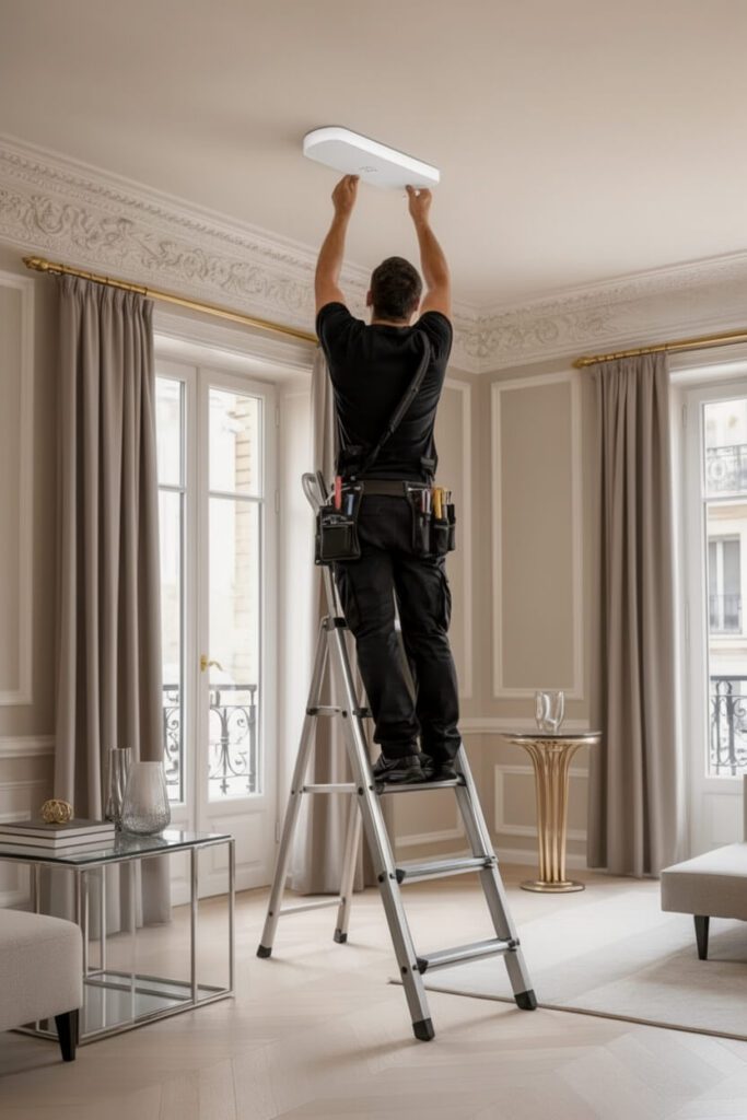 Technicien professionnel monte antenne réseau WiFi plafond encastré salon haussmannien luxury Paris conciergerie services
