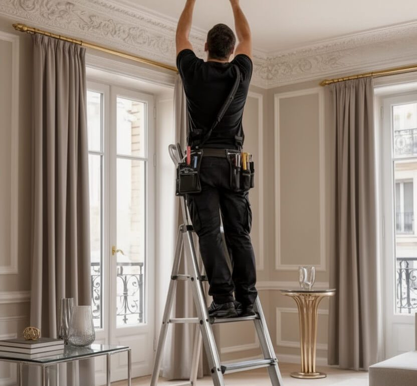 Technicien professionnel monte antenne réseau WiFi plafond encastré salon haussmannien luxury Paris conciergerie services