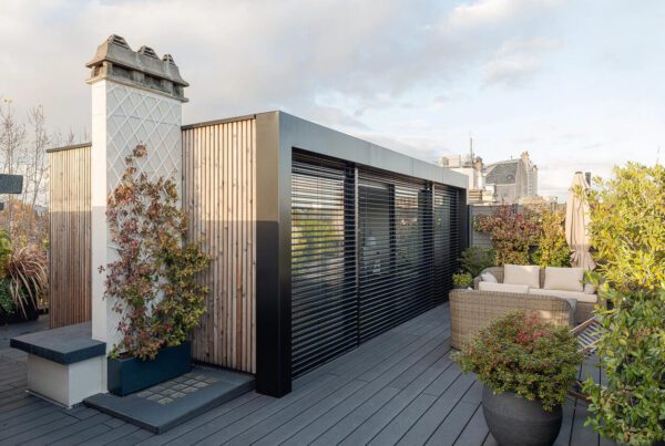 Rooftop luxueux bois cloisons végétation vue Paris hôtel particulier rénové