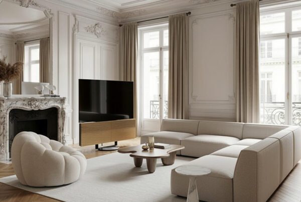 Salon appartement haussmannien réparé TV OLED B&O écran noir résolu service express conciergerie tech luxury