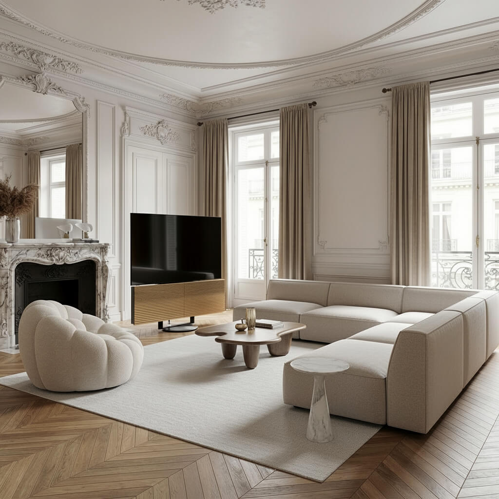 Salon appartement haussmannien réparé TV OLED B&O écran noir résolu service express conciergerie tech luxury