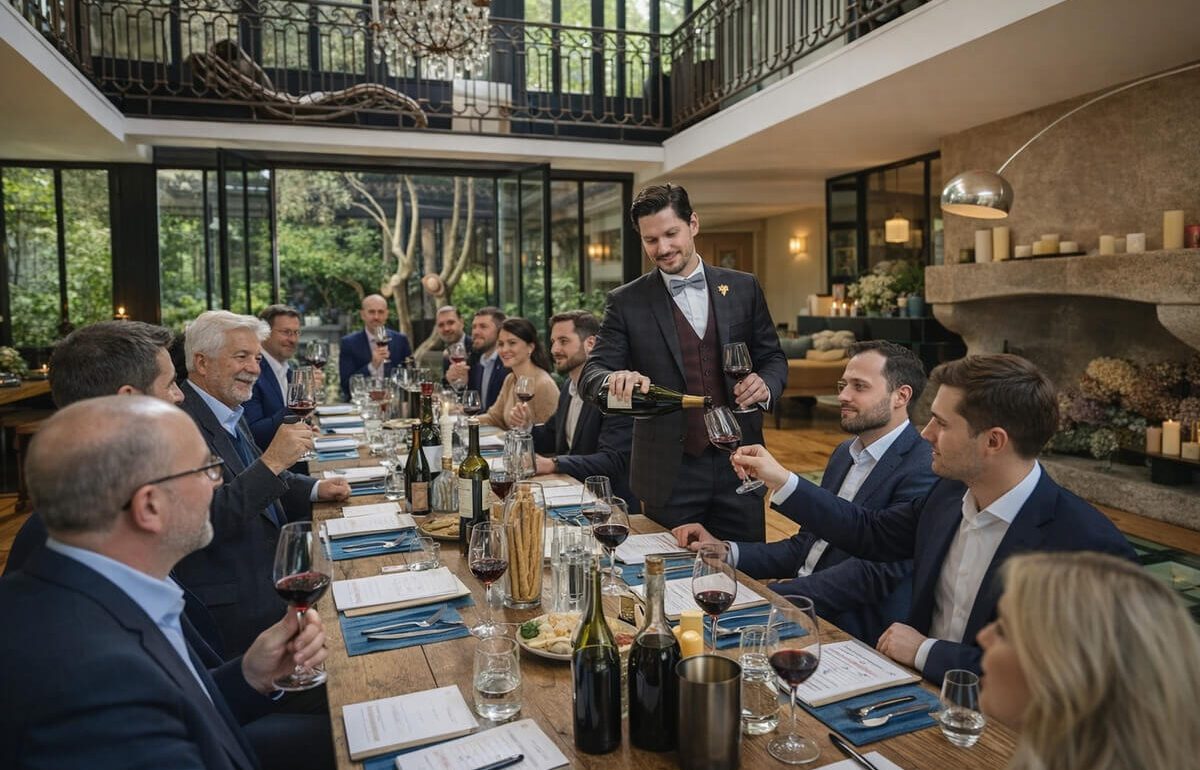 Animation soirée dégustation vins par sommelier pour départ à la retraite Florent, table gourmet corporate en jardin parisien