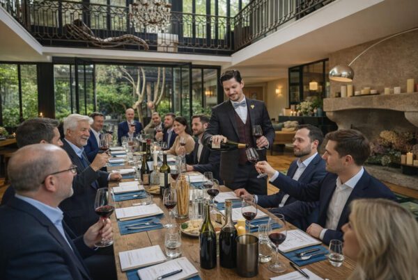 Animation soirée dégustation vins par sommelier pour départ à la retraite Florent, table gourmet corporate en jardin parisien