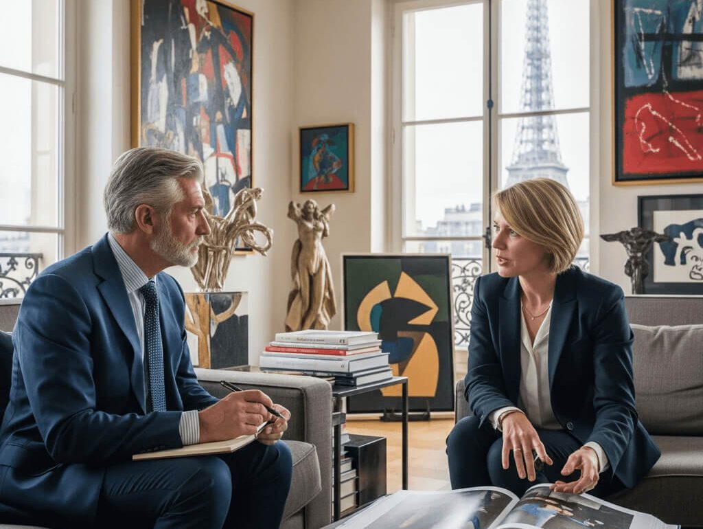 Homme femme costume élégants livres catalogues histoire art appartement vue Tour Eiffel Paris coaching culturel