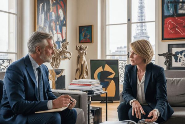 Homme femme costume élégants livres catalogues histoire art appartement vue Tour Eiffel Paris coaching culturel