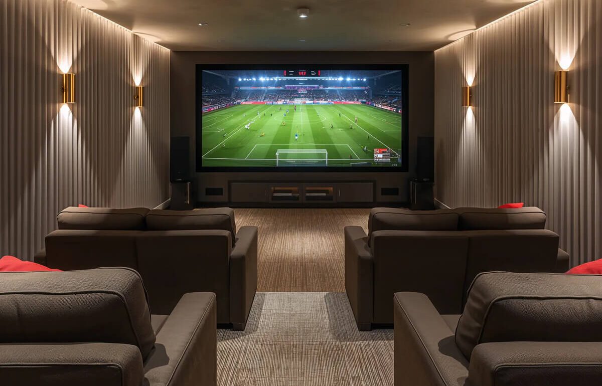 Home cinema écran géant finale Ligue Champions stade foot canapés éclairage LED salle projection privée Paris