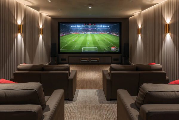 Home cinema écran géant finale Ligue Champions stade foot canapés éclairage LED salle projection privée Paris