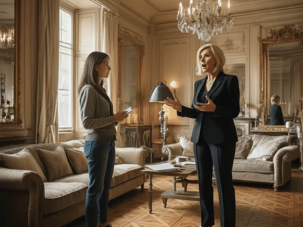 Coach acting blonde enseigne jeune brune salon hôtel particulier Paris lustre miroirs